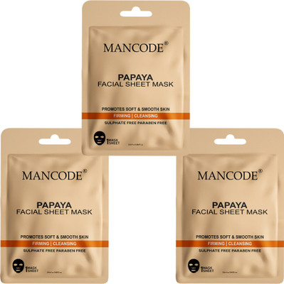 MANCODE Papaya Facial Sheet Mask for Men & Women Korean Sheet Mask Pack of 3(75 ml)