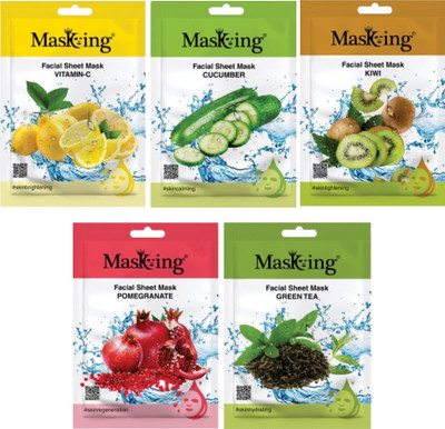 MasKing Beauty Facial Sheet Mask for Skin Calming, Brightening, Lightening, Hydrating & Glowing for Women & Men Combo Pack of 5(100 ml)