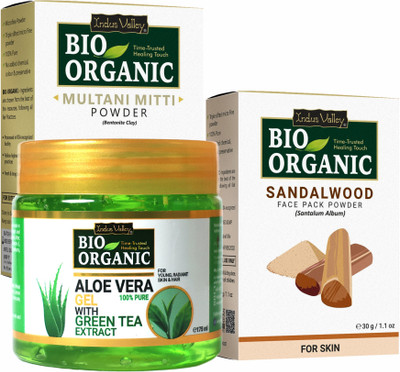 Indus Valley Bio Organic Sandalwood, Multani mitti Face Pack30g each with Aloe vera Gel 175ml(235 ml)