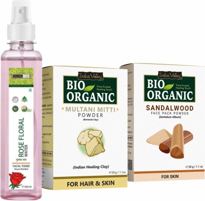 Indus Valley Bio Organic Sandalwood & Multani Mitti Powder- 30gm Each with Rose Water- 250ml(310 ml)