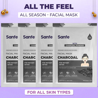 Sanfe Charcoal Face Sheet Mask 25gm Pack of 4 | For radiant & glowing skin(25 g)