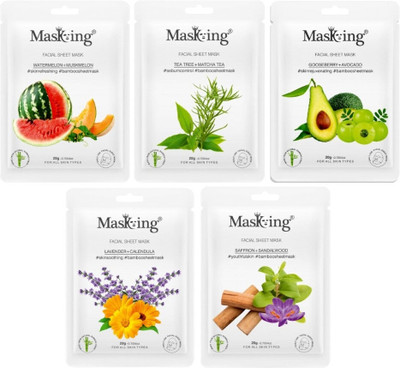 MasKing Bamboo Facial Sheet Mask of Pink Rose, Saffron, Algae, Watermelon & Tea Tree Ideal for Women & Men (Combo Pack of 5)(100 ml)