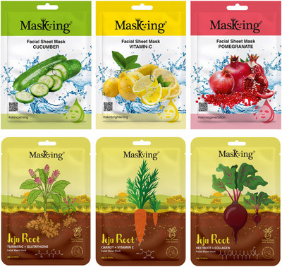 MasKing Beauty and Jeju Facial sheet mask combo set for skin glowing, Pack of 6(120 ml)