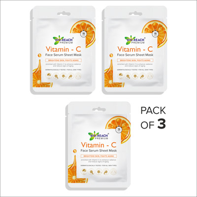 Bio Reach VITAMIN C FACE SERUM SHEET MASK | BRIGHTENS SKIN | FIGHTS AGING | PACK OF 3(60 ml)