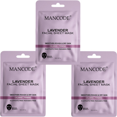 MANCODE Lavender Facial Sheet Mask for Men & Women Korean Sheet Mask Pack of 3(75 ml)