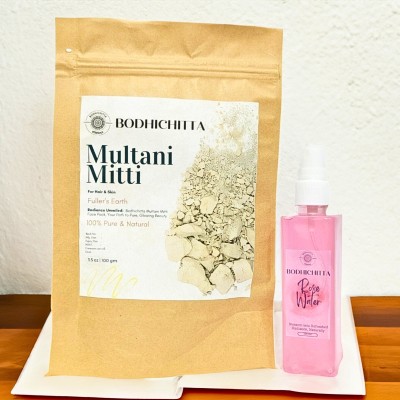 Bodhichitta Multani Mitti Powder 100gm & Rose Water 120ml Combo Pack For Face, Skin & Hair(220 g)