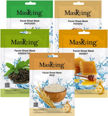 MasKing Beauty Facial Sheet Mask for Skin Nourishing, Lightening, Hydrating, Glowing & Soothing for Women & Men Combo Pack of 5(100 ml)