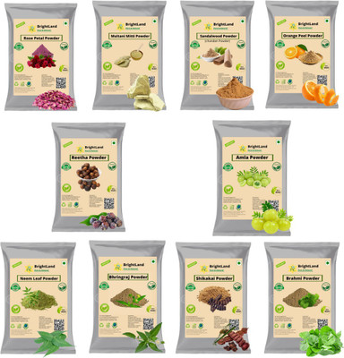 Brightland Combo of Skin & Hair care 40gm Amla powder 40gm Reetha powder 40gm Sikhakai powder 40gm Bhringraj powder 40gm Brahmi Powder 40gm Sandalwood (chandan) Powder 40gm orange (Santra ) peel powder 40g Neem powder 40gm Rose petel powder 40gm Multani mitti powder All in Separate packing(400 g)