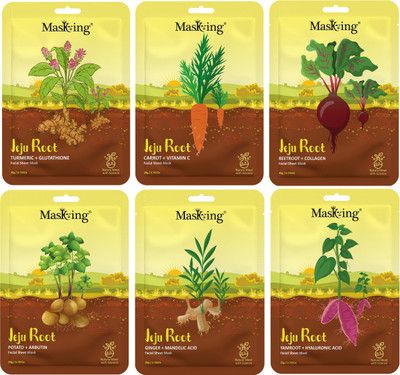 MasKing Jeju Root Facial Sheet Mask Combo For Glowing & Super Hydrating Skin 20ml Each(120 ml)