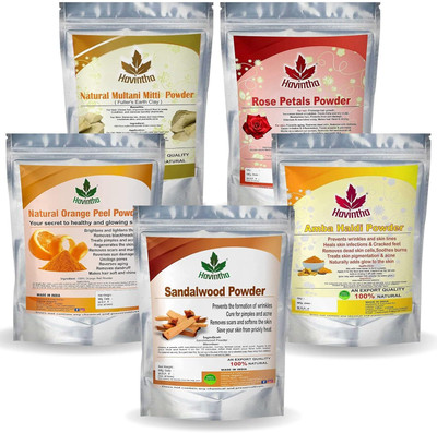 Havintha Natural Face Pack for Healthy and Glowing Skin Combo Pack of Multani Mitti, Sandal Wood, Orange Peel, Rose Petal, Amba Haldi Powder (Each 50gm)(250 g)