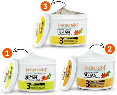 Aaryanveda De Tan Scrub Pack & Cream 3 Steps Tan Removal Kit for Brightening & Glowing Skin(150 g)