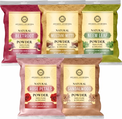 Ayusoul Ayurveda Natural Powder Face Pack of 5, Multani, Beetroot, Rose, Sandal Each 40gm(200 g)