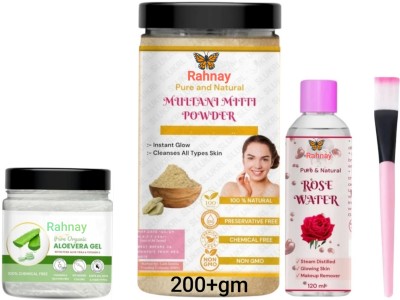 rahnay Aloe vera gel Multani Mitti Powder/Rose Water Makeup Brush Combo (PACK of 4)(400 ml)