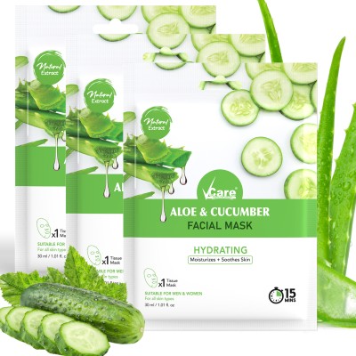 Vcare Aloe & Cucumber Sheet Mask, 30 ml, Pack of 3(90 ml)