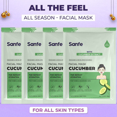 Sanfe Cucumber Face Sheet Mask 25gm Pack of 4 | For radiant & glowing skin(25 g)
