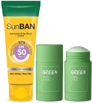 HUZURLU Green Mask Stick Face Shaping Mask with SPF 50 PA+++ Sunscreen & Tan Block Cream(2 Items in the set)