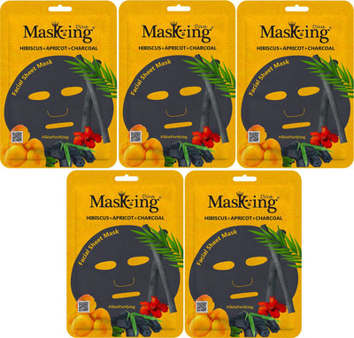 MasKing Diva Hibiscus, Apricot & Charcoal Facial Sheet Mask Pack Of 5(125 ml)