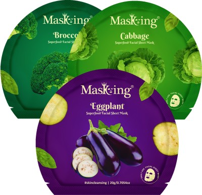 MasKing Superfood Eggplant, Broccoli and Cabbage Sheet Mask for Glowing Skin, Pack of 2(60 ml)