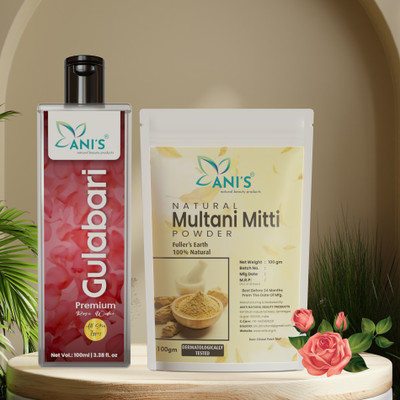 ANI'S Natural Multani mitti powder + Premium Rose water combo for Face & Skin Glow(2 Items in the set)