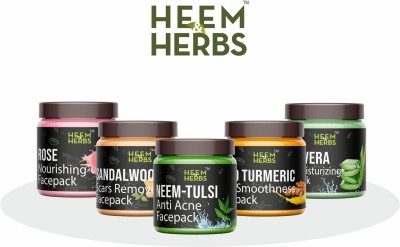 Heem and Herbs Rose Sandalwood Neem-Tulsi Wild Turmeric Aloevera Facepack pack of 5(100 g)