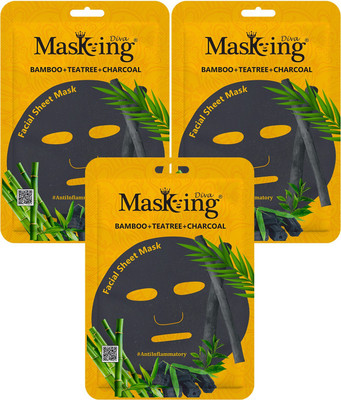 MasKing Diva Bamboo, Tea-tree & Charcoal facial Sheet Mask Pack Of 3(75 ml)