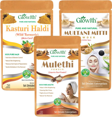 Glowith Pure Kasturi Haldi, Mulethi & Multani Mitti Powder Face Pack (3-in-1) 100g Each(300 g)