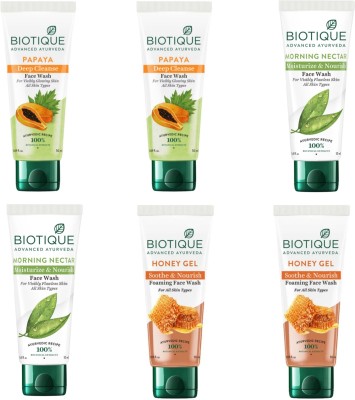 BIOTIQUE 50ml - Papaya -2pcs & Morning Nectar -2pcs & Honey Gel -2pcs (Pack of 6) Face Wash(300 ml)