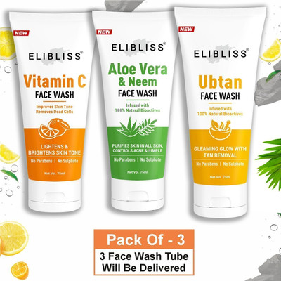 ELIBLISS Vitamin C, Aloe Vera & Neem and Ubtan  Combo for All Type of Skin Face Wash(225 ml)