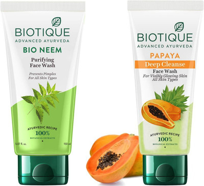 BIOTIQUE Fresh Neem 150ml & Papaya 150ml Facewash Set of 2 Face Wash(300 ml)