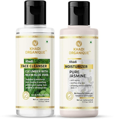 khadi ORGANIQUE Cucumber and Neem Aloe Vera Face Cleanser (210 ml) & Jasmine Hydrating Moisturizer (210 ml) - Complete Skincare Set for a Radiant Glow Face Wash(420 ml)