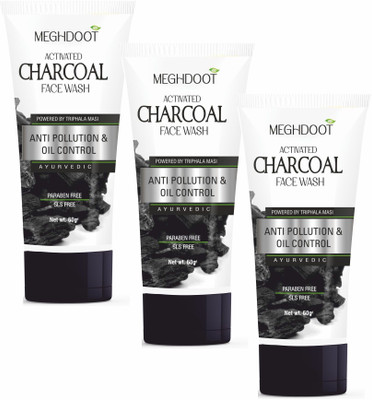 MEGHDOOT Ayurvedic Anti Pollution & Oil Control Active Charcoal , 60ml Each, Pack of 3 Face Wash(180 g)