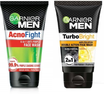 GARNIER TURBO BRIGHT DOUBLE ACTION+ACNO FIGHT FACE WASH, 100*2=200gm (PACK OF 2) Face Wash(200 g)