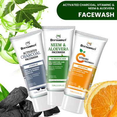 DIVYAMRUT Charcoal & Vitamin C & Neem  Deep Moisturizing Face wash Tube pack of 3 Face Wash(225 ml)