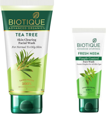 BIOTIQUE Tea Tree Clearing Facial Wash -150ml & Fresh Neem -50ml (Pack of 2) Face Wash(200 ml)
