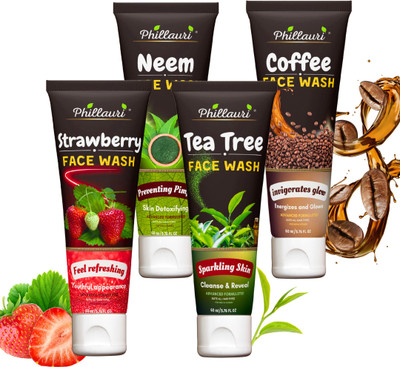 Phillauri Strawberry, Neem, Tea Tree And Coffee  Combo for Brightens Skin Face Wash(240 ml)
