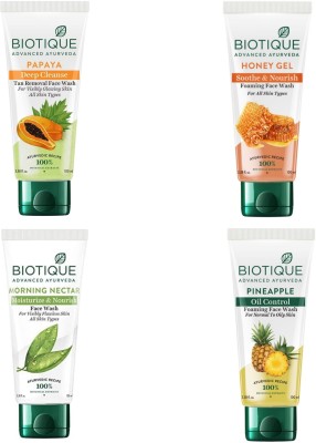 BIOTIQUE  100ml- Papaya, Honey Gel, Morning Nectar, Pineapple (Pack of 4) Face Wash(400 ml)