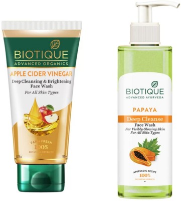 BIOTIQUE Apple Cider Vinegar -150ml & Papaya Deep Cleanse -200ml (Pack of 2) Face Wash(350 ml)