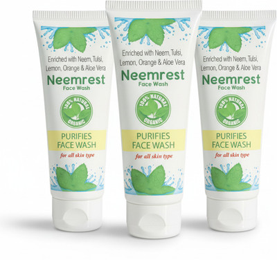 Neemrest with Neem, Lemon, Aloe Vera, Purifies Skin, Clears Deep Impurities, Controls Oil, Anti-bacterial, Brightens, Soothes (70g) - Pack of 3 Face Wash(210 g)