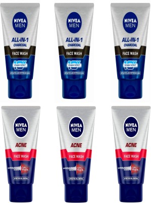 NIVEA 3pc All in One 50gm & 3pc Acne 50gm Fw Set of 6 Face Wash(300 ml)