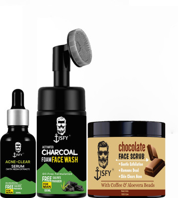 Tisfy Activated Charcoal Foaming  For Anti-Pollution | Removes Dirt-100ML & ACNE-CONTROL Face Serum For Reduces Acne, Blemishes & Acne Marks - 30 ml & Chocolate Face Scrub- With Vitamin Aloevera | Exfoliation, Pigmentation Removal -100gm Face Wash(100 ml)