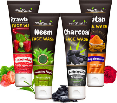 Phillauri Strawberry, Neem, Charcoal And Ubtan  Combo for Brightens Skin Men And Women Face Wash(240 ml)