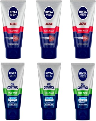 NIVEA 3pc Oil Control 50gm & 3pc Acne 50gm Fw Set of 6 Face Wash(300 ml)