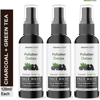 INDIANA HUDA Charcoal  - Refreshing Green Tea Boost, 120ml x3 Face Wash(360 ml)
