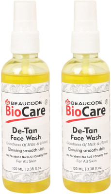 BEAUCODE BioCare De-Tan  | Goodness of Milk & Honey | Glowing Smooth Skin | (No Paraben | No SLS & Cruelty Free) For All Skin -100ml Pack of-2 Face Wash(200 ml)