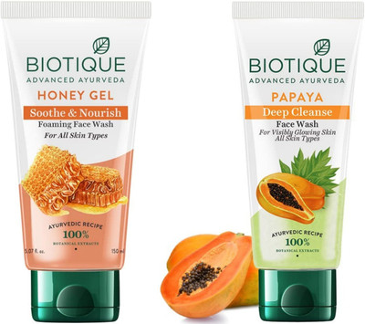 BIOTIQUE Honey Gel 150ml & Papaya 150ml Facewash Set of 2 Face Wash(300 ml)