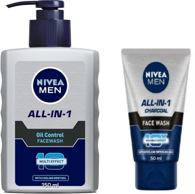 NIVEA All-in-1 Oil Control -150ml & All-in-1 Charcoal - 50ml (Pack of 2) Face Wash(200 ml)