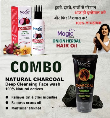 MAGIC ZONE COMBO ACTIVATED CHARCOAL FACE WASH FOR Clear Dead Skin Cell Cooling Freshness Charcoal Beads Pimple and Blackhead 100 ML AND ONION HERBAL HAIR OIL FOR HAIR FALL CONTROL 100ML Face Wash(200 ml)