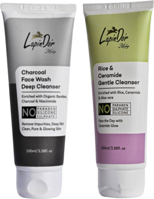 LapinD'or Activated Charcoal Deep Cleanser  and Rice & Ceramide Gentle Cleanser Combo-Pack | Acne Control, Pore Cleansing & Oil Control Face Wash(200 ml)
