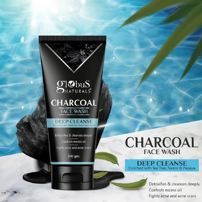 GLOBUS NATURALS Activated Charcoal Enriched With Tea-Tree|Anti-Pollution|Anti-Acne| Men All Skin Types Face Wash(100 g)