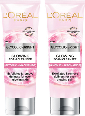 L'Oréal Paris Glycolic Bright Foaming Cleanser, for even glowing skin, 100ml, Pack of 2 Face Wash(200 ml)
